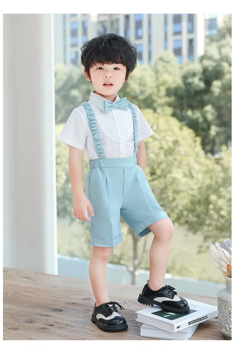 Boys' Summer Suspender Pants Set White Blue Beige — feature 15