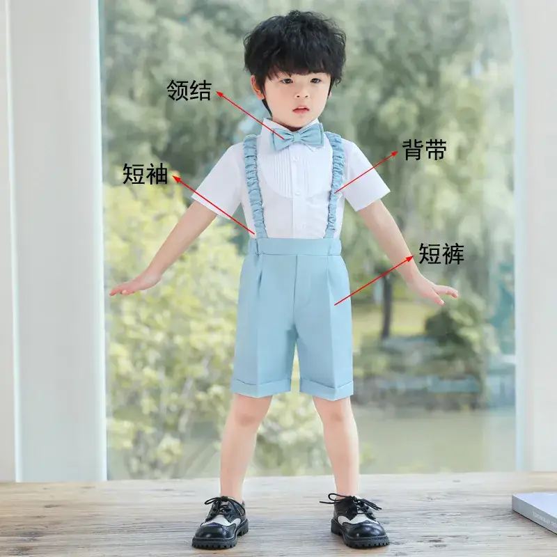 Boys' Summer Suspender Pants Set White Blue Beige - Image 3