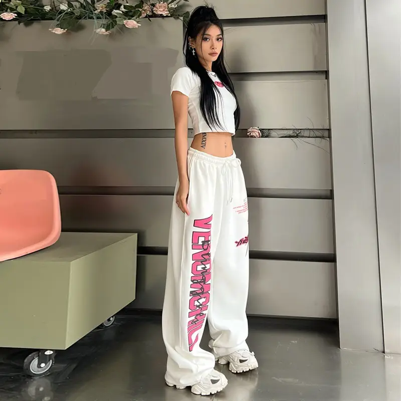 Women Printed High-Waisted Dance Pants White Pink - Image 2