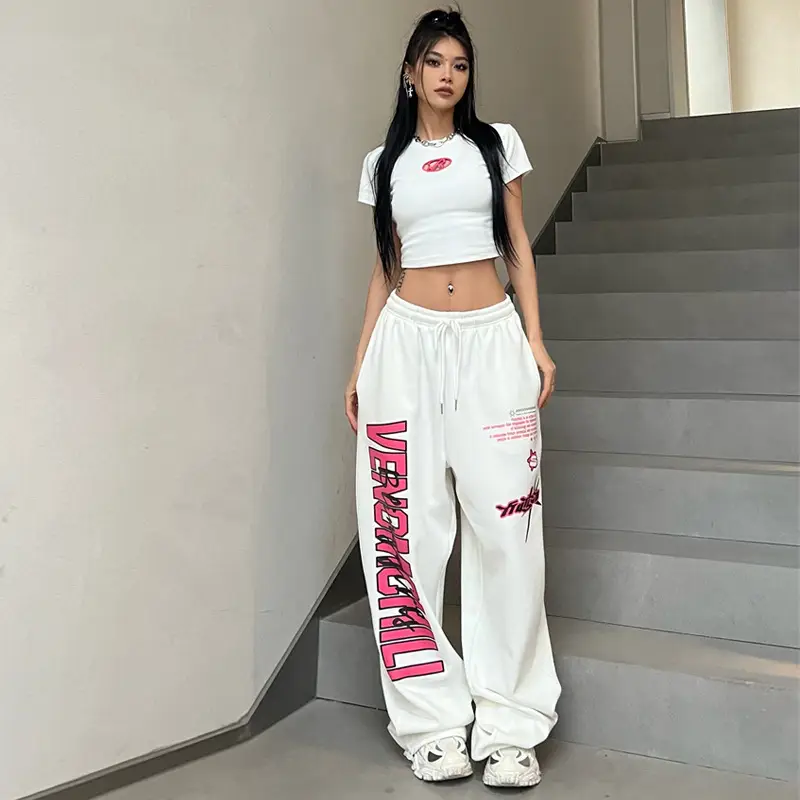 Women Printed High-Waisted Dance Pants White Pink - Image 3