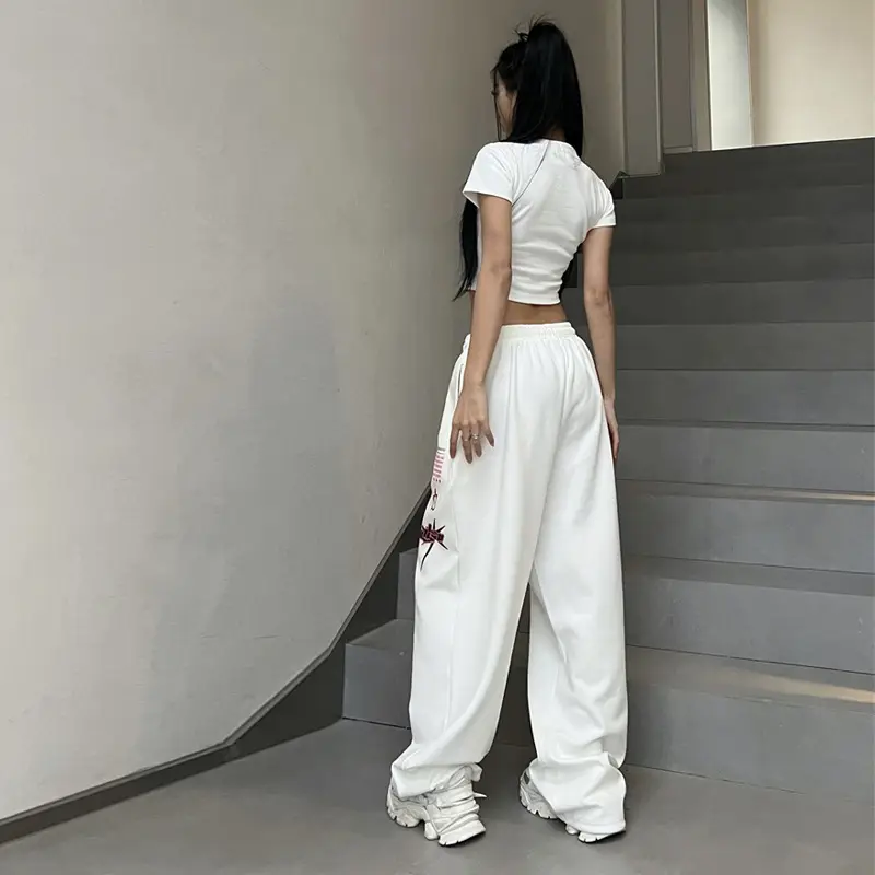 Women Printed High-Waisted Dance Pants White Pink - Image 4