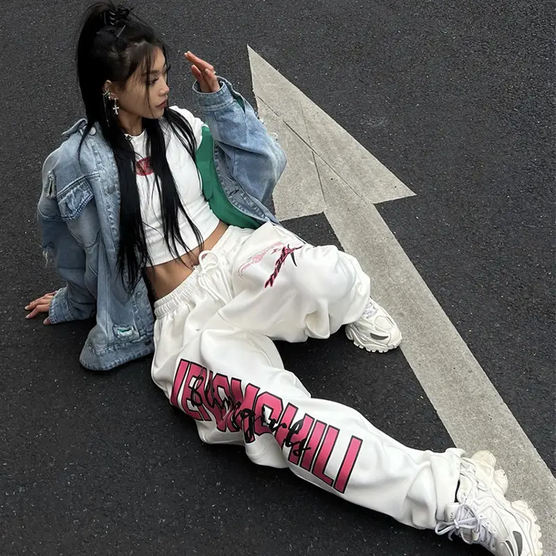 Women Printed High-Waisted Dance Pants White Pink - Image 5
