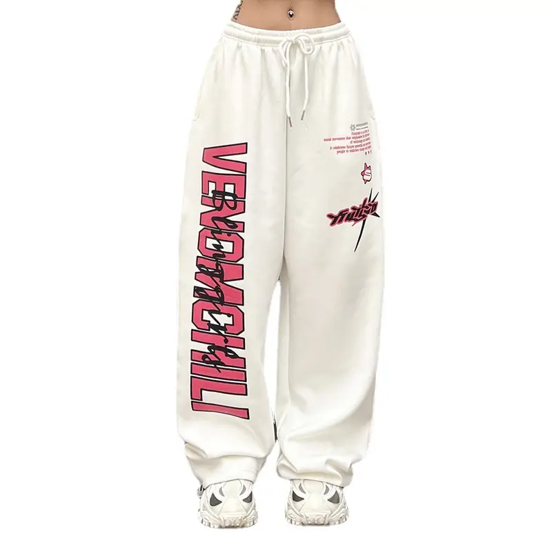 Women Printed High-Waisted Dance Pants White Pink - Image 6