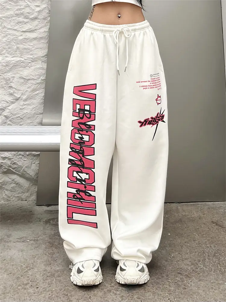 Women Printed High-Waisted Dance Pants White Pink — feature 1
