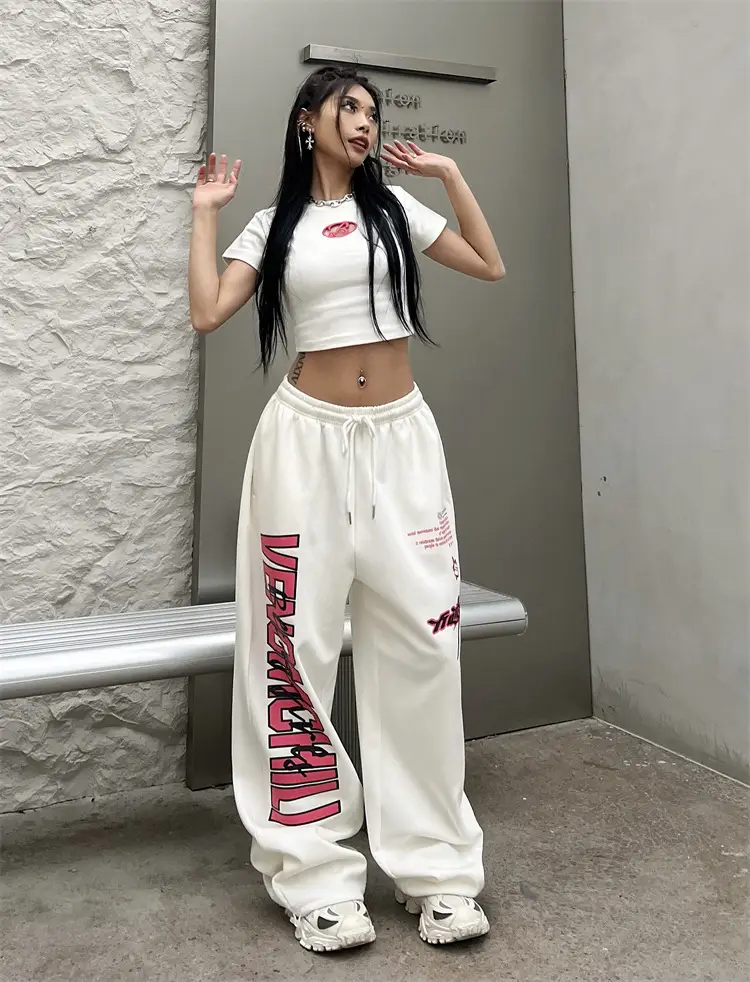 Women Printed High-Waisted Dance Pants White Pink — feature 10