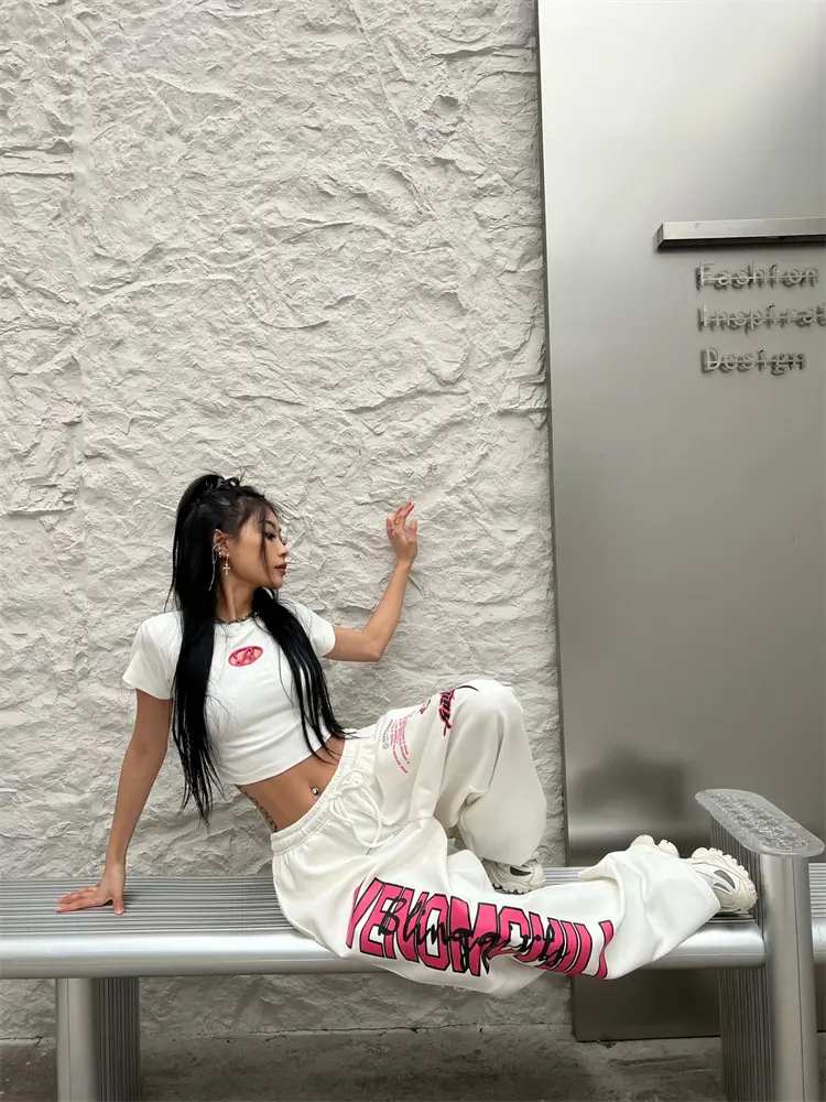Women Printed High-Waisted Dance Pants White Pink — feature 11