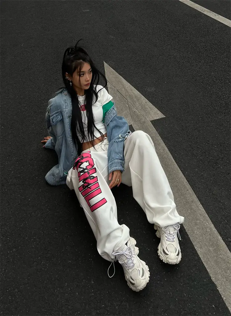 Women Printed High-Waisted Dance Pants White Pink — feature 2