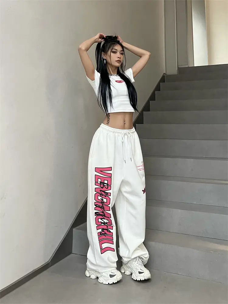 Women Printed High-Waisted Dance Pants White Pink — feature 4
