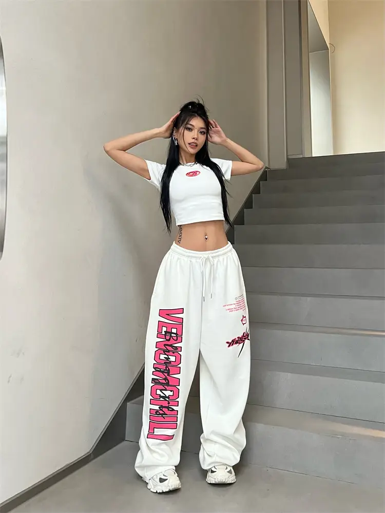 Women Printed High-Waisted Dance Pants White Pink — feature 5