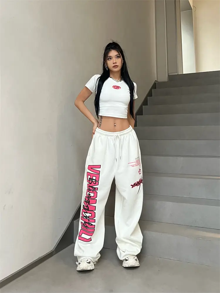 Women Printed High-Waisted Dance Pants White Pink — feature 7