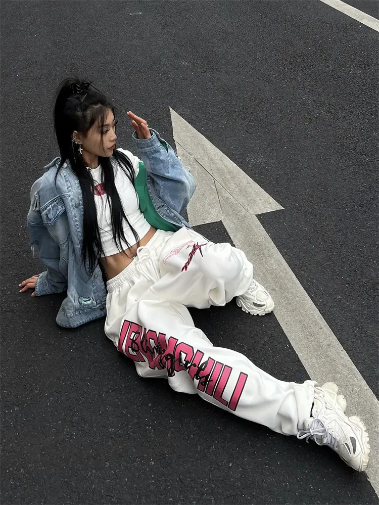 Women Printed High-Waisted Dance Pants White Pink — feature 8