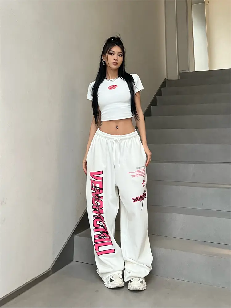 Women Printed High-Waisted Dance Pants White Pink — feature 9