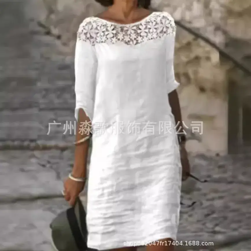White Cotton Lace Dress Round Neck Half Sleeve 2024 - Image 7