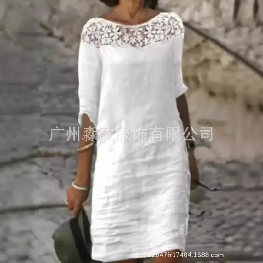 White Cotton Lace Dress Round Neck Half Sleeve 2024 - Image 8