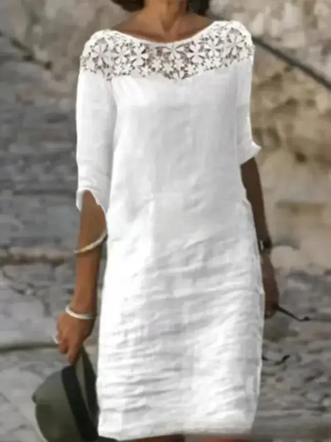 White Cotton Lace Dress Round Neck Half Sleeve 2024 - Image 2