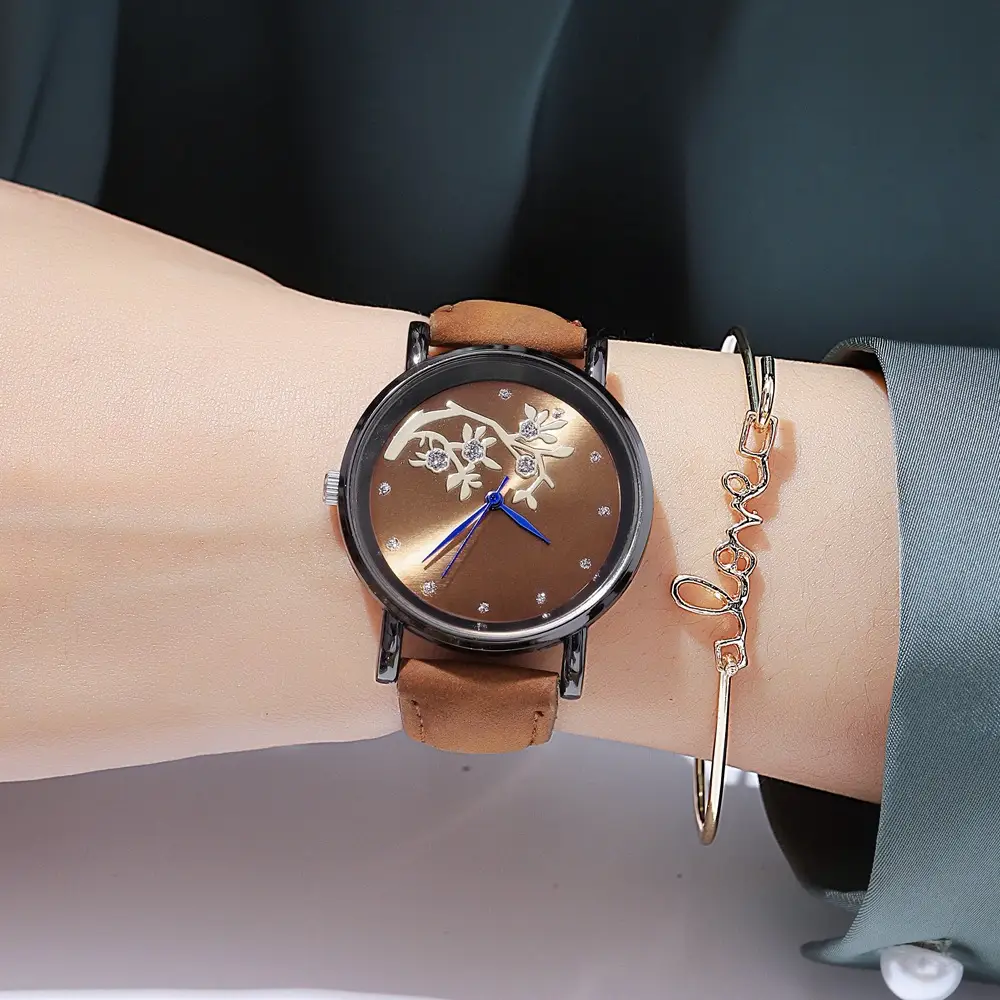 Women's Diamond-Embedded Mori Watch Brown Leather Band - Image 10