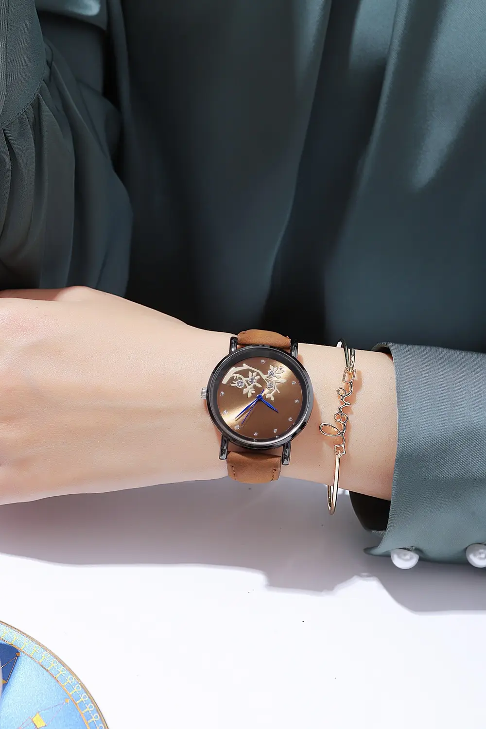 Women's Diamond-Embedded Mori Watch Brown Leather Band — feature 8