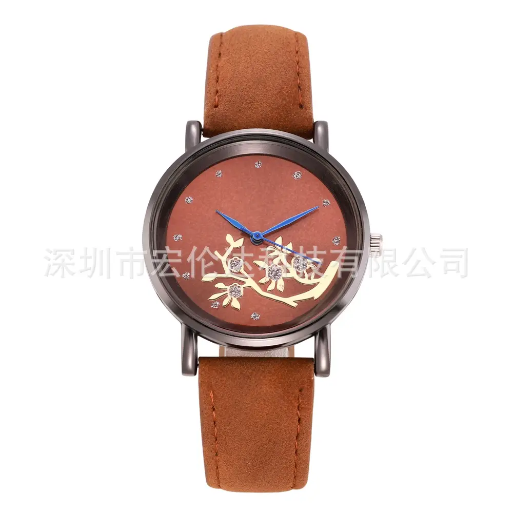 Women's Diamond-Embedded Mori Watch Brown Leather Band - Image 3