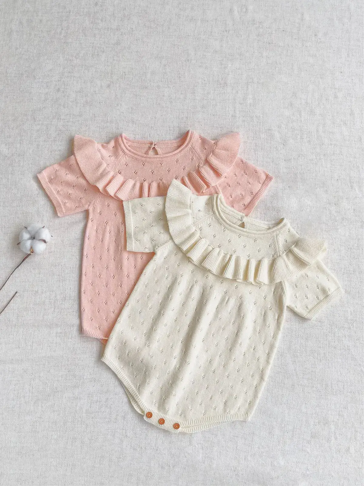 Baby Summer Top with Lotus Leaf Collar Pink White - Image 5