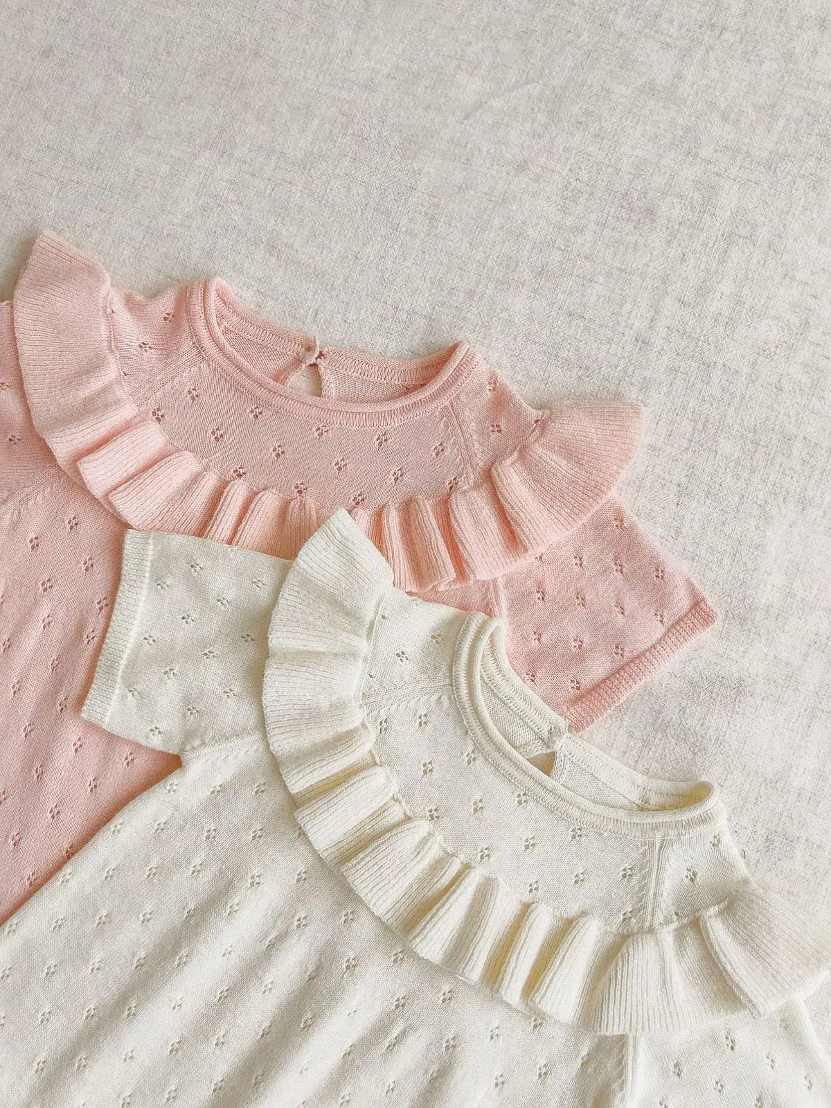 Baby Summer Top with Lotus Leaf Collar Pink White - Image 7