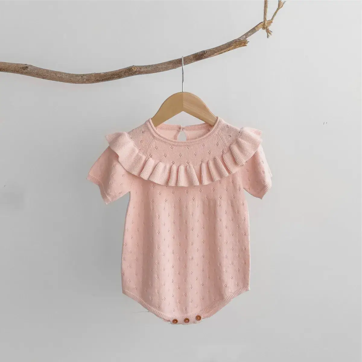 Baby Summer Top with Lotus Leaf Collar Pink White - Image 2