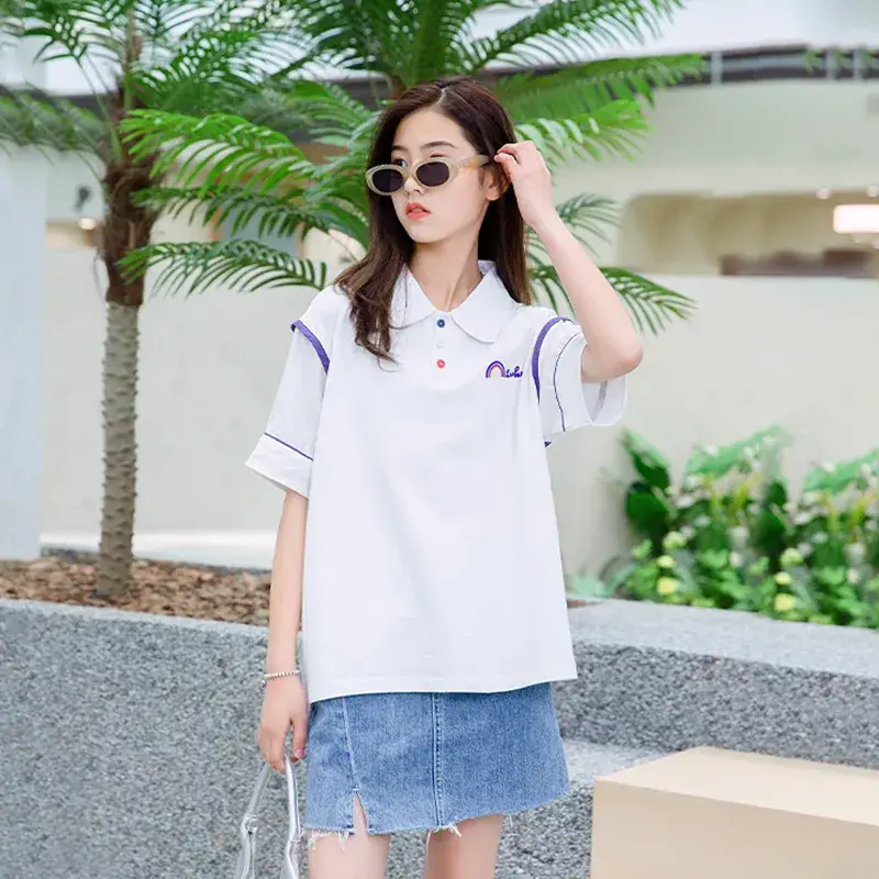 Girls White Polo Shirt Summer Wear with Green Trim