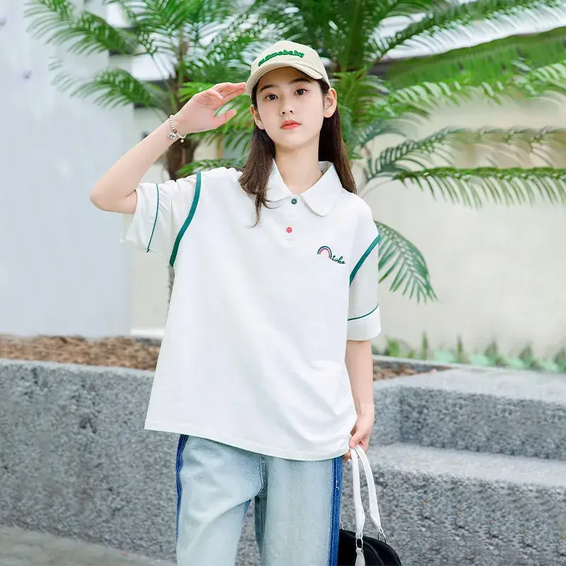 Girls White Polo Shirt Summer Wear with Green Trim