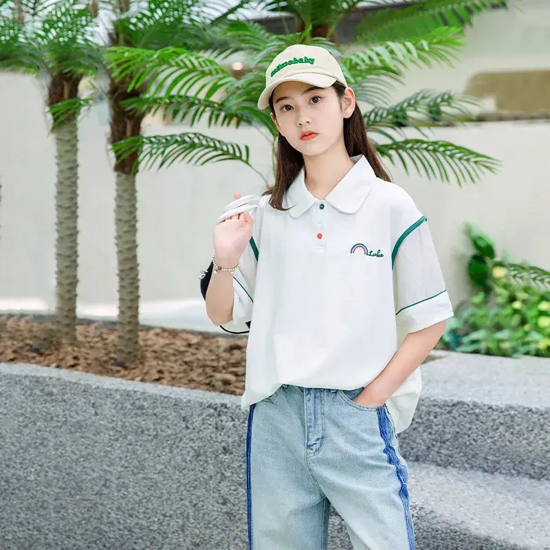 Girls White Polo Shirt Summer Wear with Green Trim