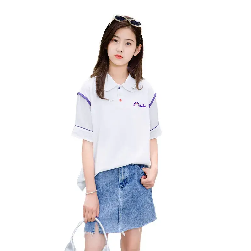 Girls White Polo Shirt Summer Wear with Green Trim
