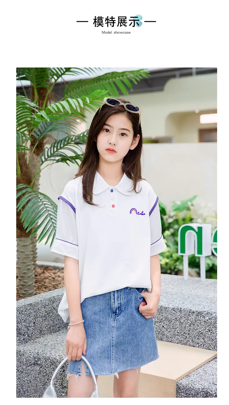 Girls White Polo Shirt Summer Wear with Green Trim — feature 11
