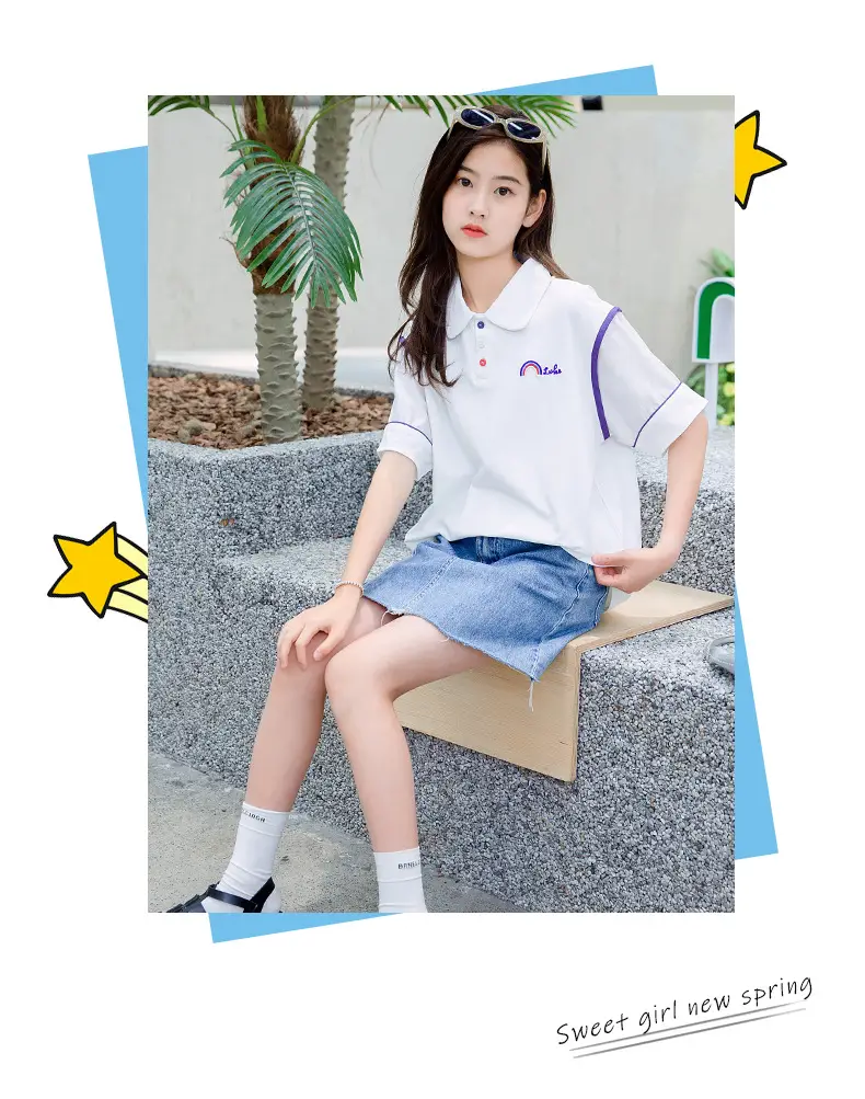 Girls White Polo Shirt Summer Wear with Green Trim — feature 12