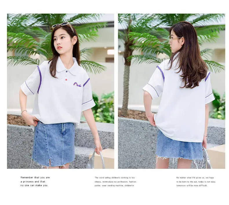 Girls White Polo Shirt Summer Wear with Green Trim — feature 13