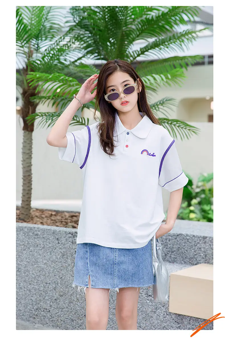 Girls White Polo Shirt Summer Wear with Green Trim — feature 14