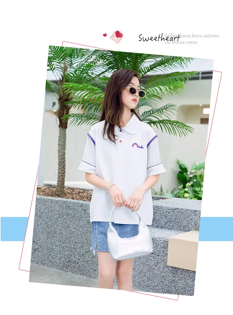 Girls White Polo Shirt Summer Wear with Green Trim — feature 15