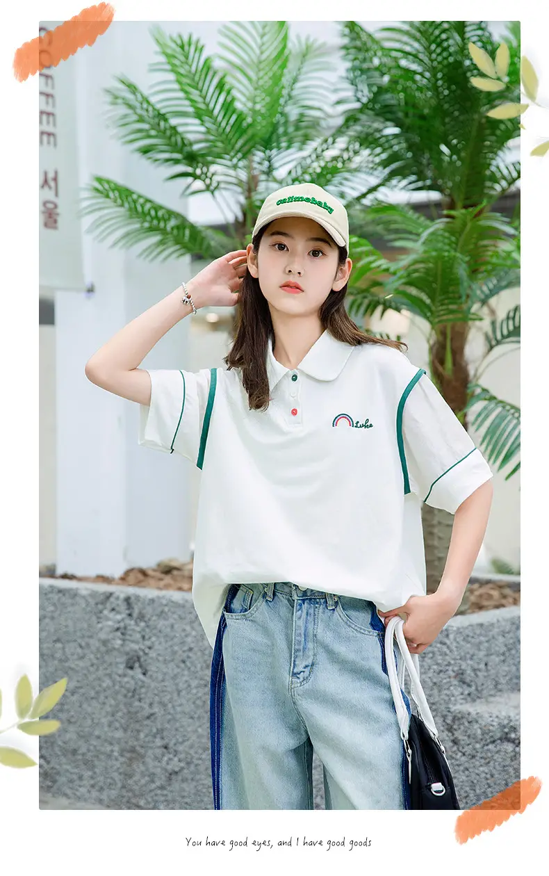 Girls White Polo Shirt Summer Wear with Green Trim — feature 16