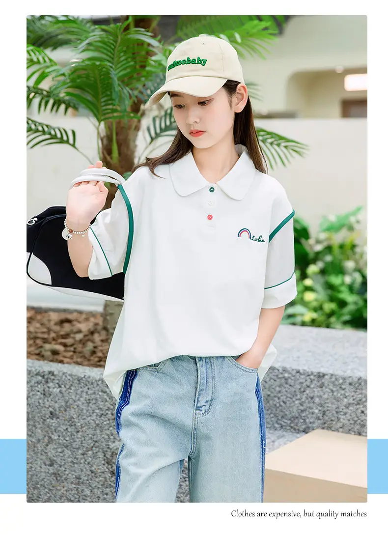 Girls White Polo Shirt Summer Wear with Green Trim — feature 17