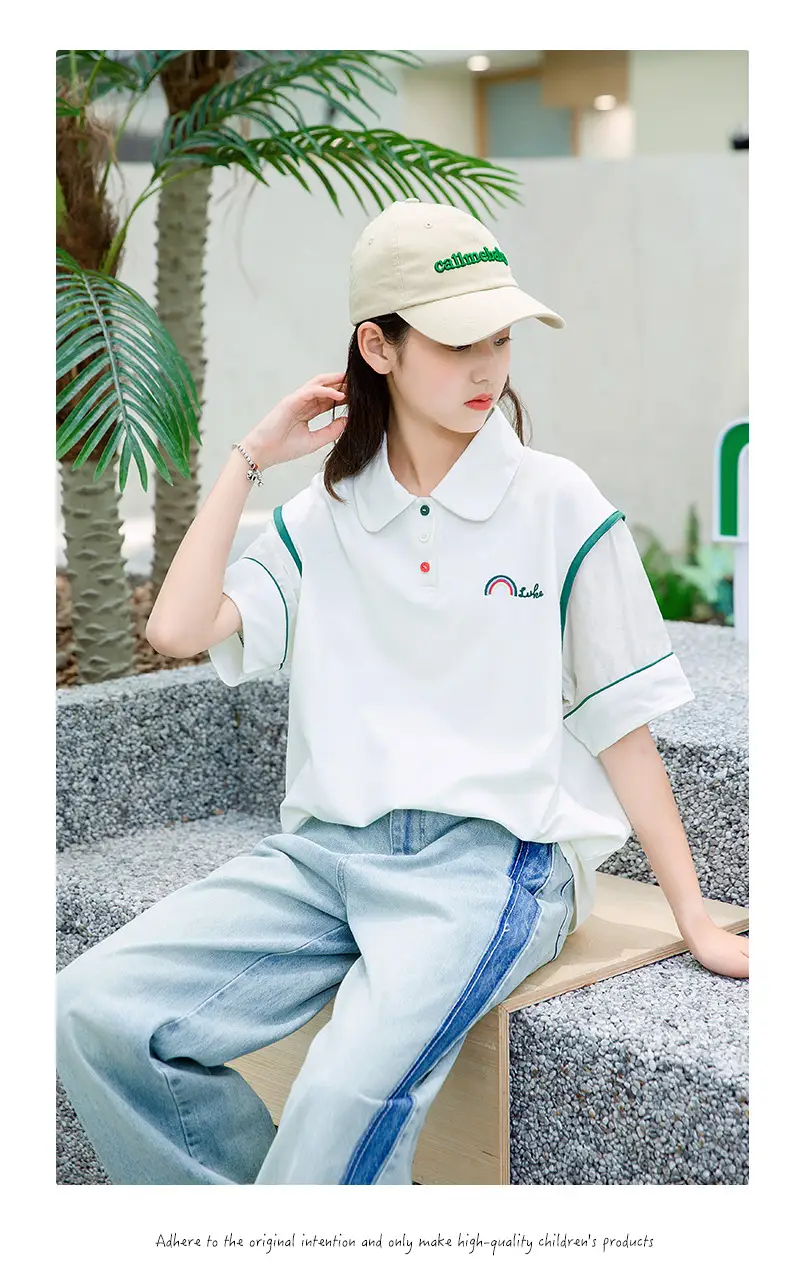 Girls White Polo Shirt Summer Wear with Green Trim — feature 18