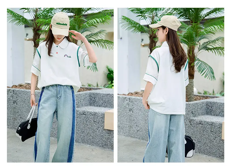 Girls White Polo Shirt Summer Wear with Green Trim — feature 19