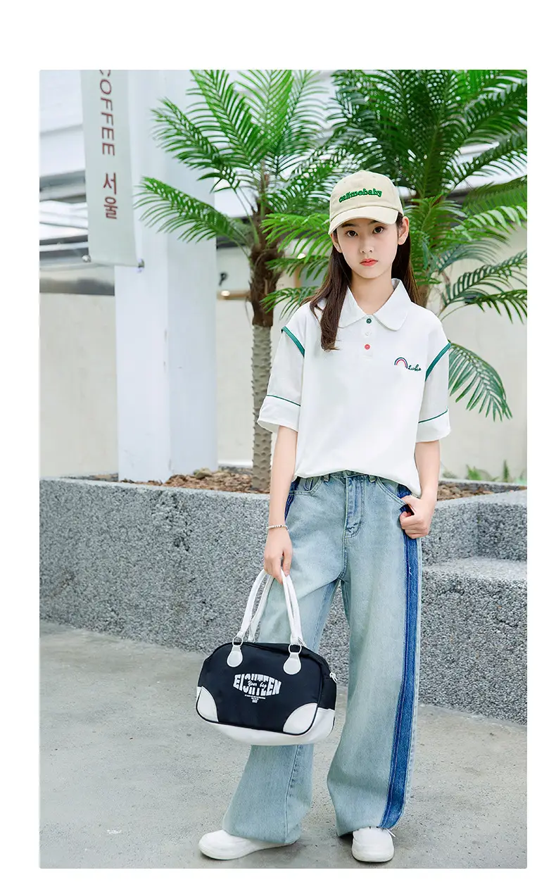 Girls White Polo Shirt Summer Wear with Green Trim — feature 20