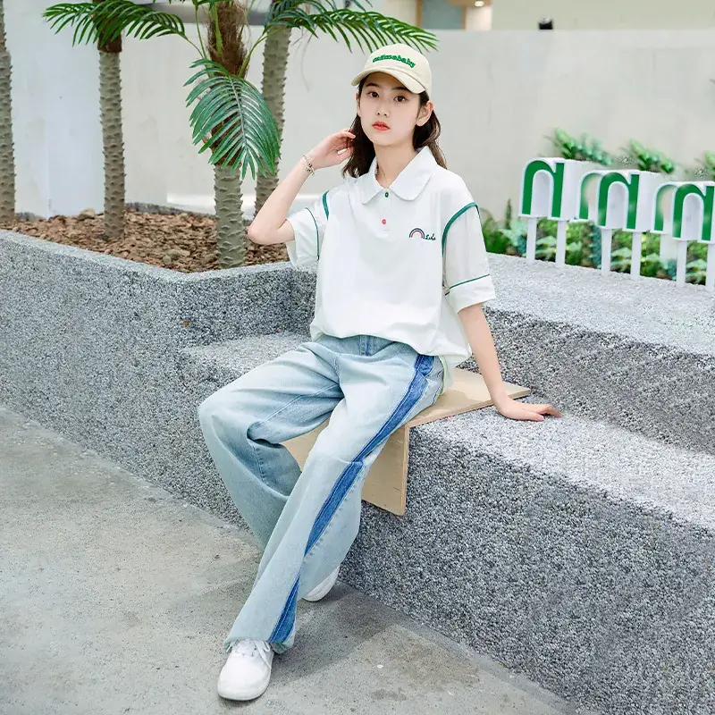 Girls White Polo Shirt Summer Wear with Green Trim