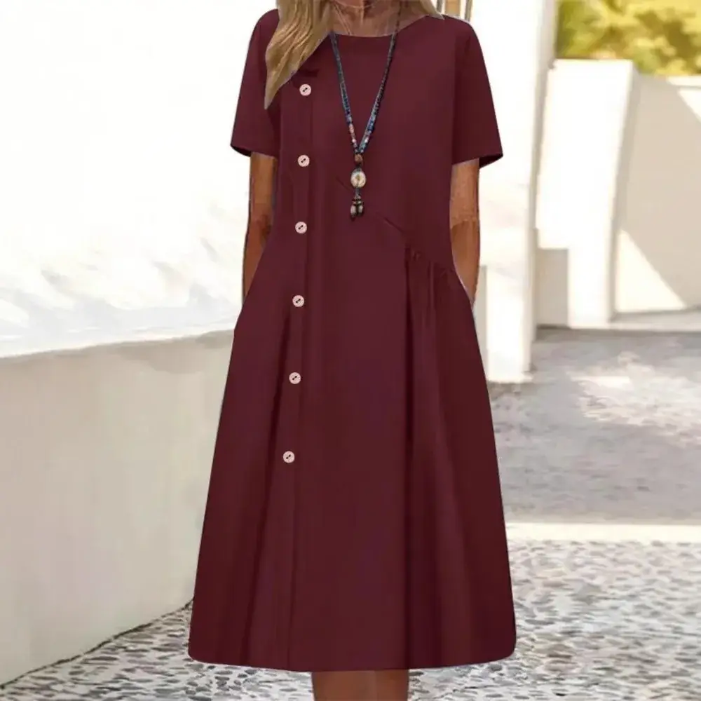 2025 Button Mid-Length Casual Dress Brown - Image 34