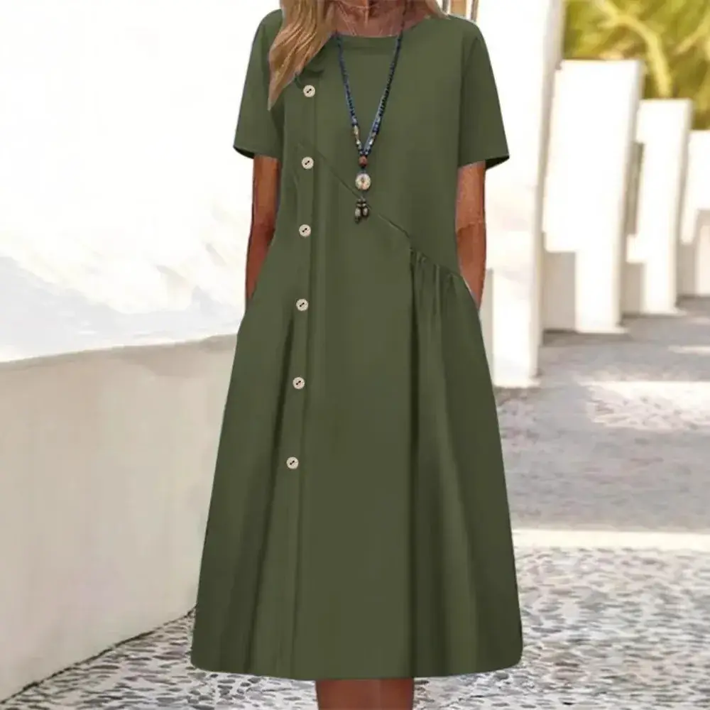 2025 Button Mid-Length Casual Dress Brown - Image 35