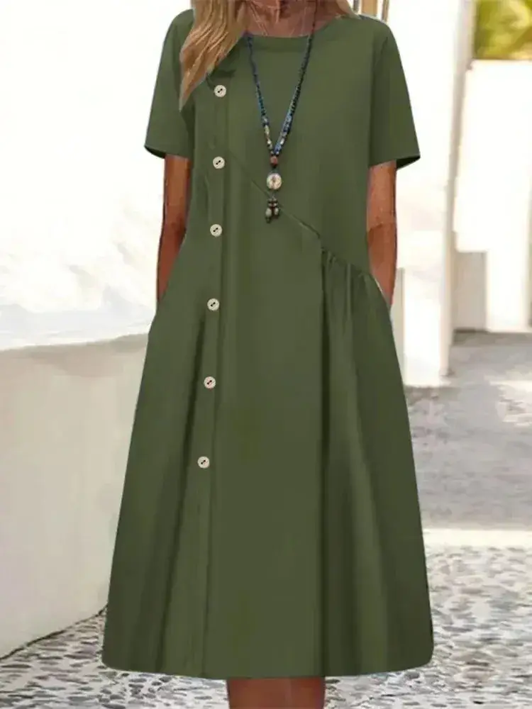 2025 Button Mid-Length Casual Dress Brown - Image 14