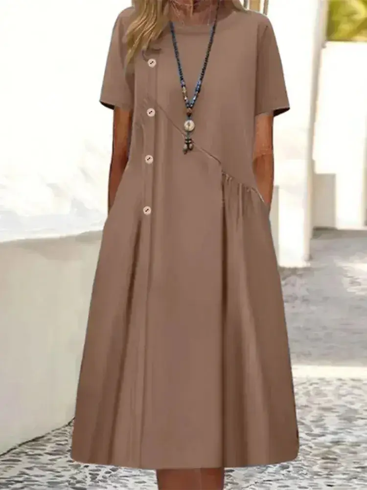2025 Button Mid-Length Casual Dress Brown - Image 27