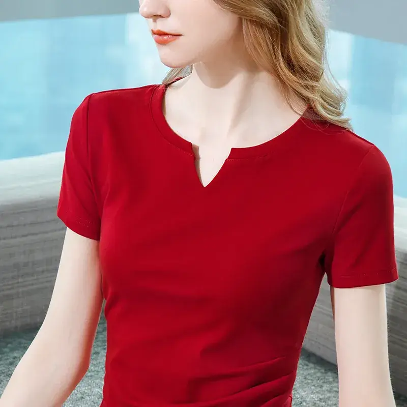 Women Red V Neck T-Shirt Summer 2025 - Image 7