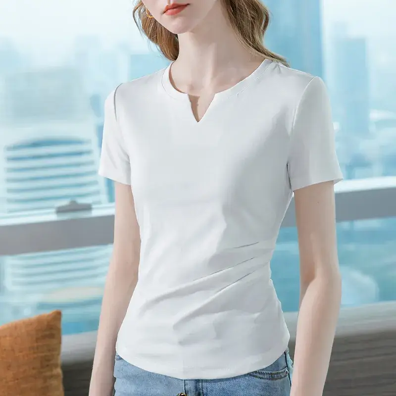 Women Red V Neck T-Shirt Summer 2025 - Image 9