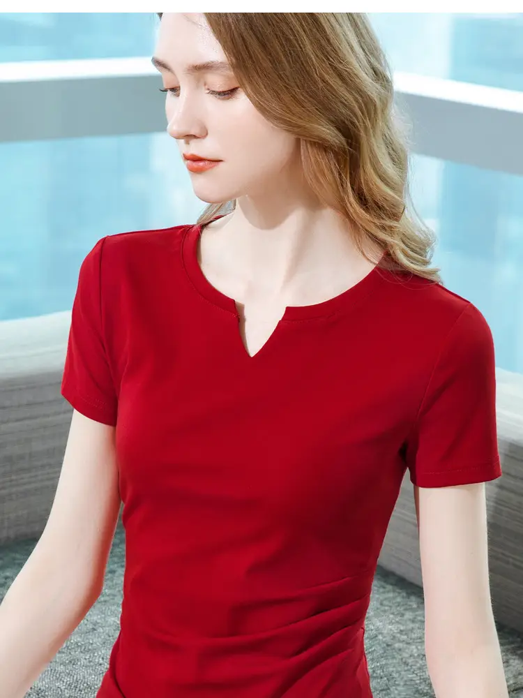 Women Red V Neck T-Shirt Summer 2025 — feature 4
