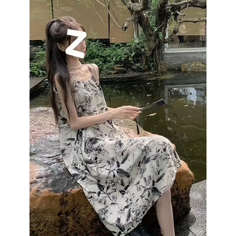 Vintage Ink Printed Women's Summer Dress Mid-Length Loose Skirt - Image 3