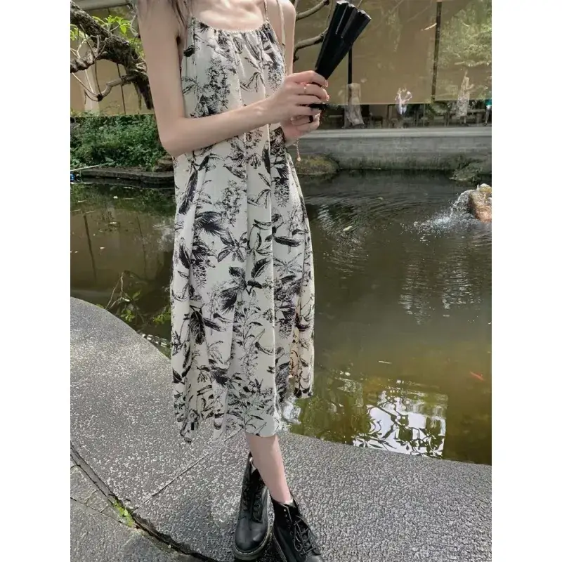 Vintage Ink Printed Women's Summer Dress Mid-Length Loose Skirt - Image 4
