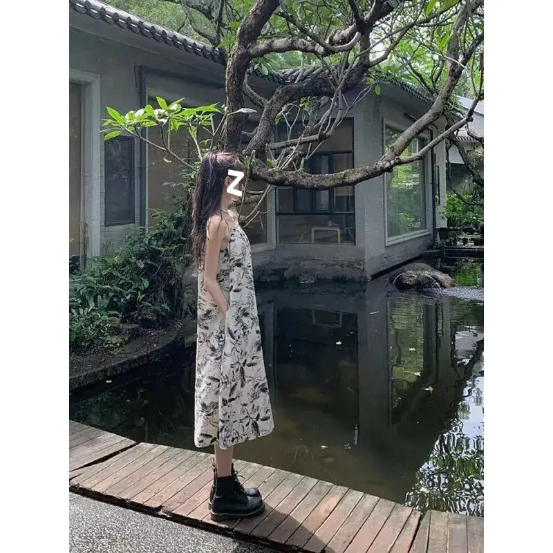 Vintage Ink Printed Women's Summer Dress Mid-Length Loose Skirt - Image 6